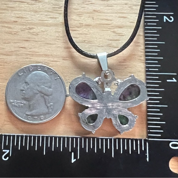 New Ruby Zoisite Stone Butterfly Pendant Necklace Silver Tone With Cord - Picture 3 of 4